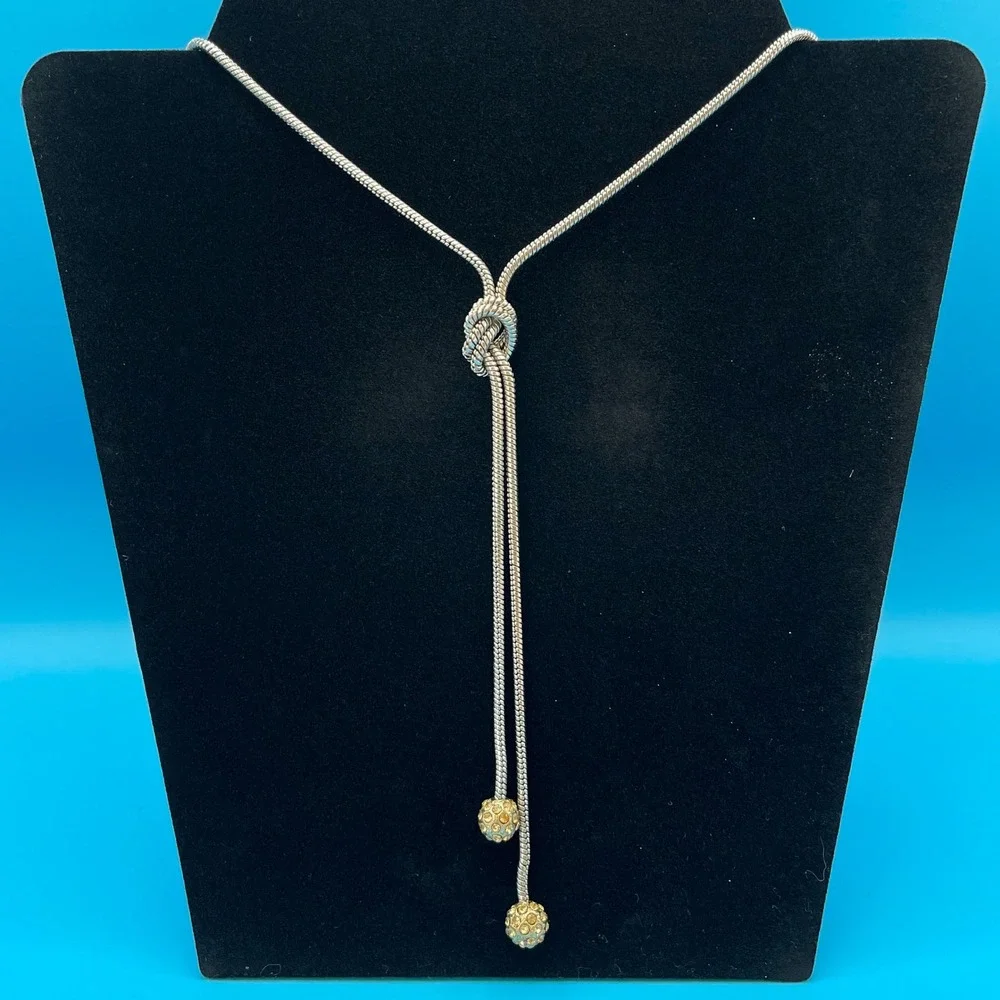 Banana‎ Republic Lariat Necklace Women Silver Tone Knot Pave Ball Snake Chain